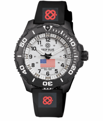 DAYNIGHT 43MM DIVER SOLAR POWERED PC USA TRITIUM WATCH- BLACK/WHITE BEZEL - WHITE DIAL USA FLAG 3 COLOR TRITIUM TUBES WHITE HANDS &ndash; STRAP