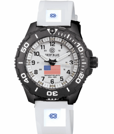DAYNIGHT 43MM DIVER SOLAR POWERED PC USA TRITIUM WATCH- BLACK/WHITE BEZEL - WHITE DIAL USA FLAG 3 COLOR TRITIUM TUBES WHITE HANDS &ndash; STRAP