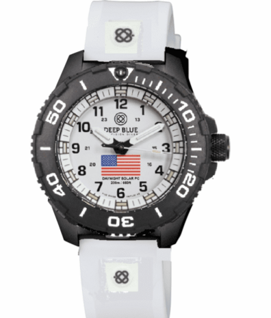 DAYNIGHT 43MM DIVER SOLAR POWERED PC USA TRITIUM WATCH- BLACK/WHITE BEZEL - WHITE DIAL USA FLAG 3 COLOR TRITIUM TUBES WHITE HANDS &ndash; STRAP