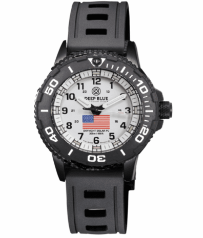 DAYNIGHT 43MM DIVER SOLAR POWERED PC USA TRITIUM WATCH- BLACK/WHITE BEZEL - WHITE DIAL USA FLAG 3 COLOR TRITIUM TUBES WHITE HANDS &ndash; STRAP