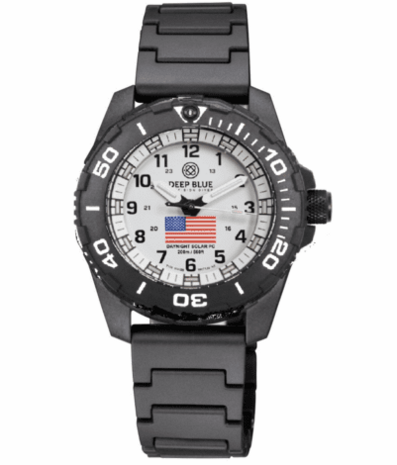 DAYNIGHT 43MM DIVER SOLAR POWERED PC USA TRITIUM WATCH- BLACK/WHITE BEZEL - WHITE DIAL USA FLAG 3 COLOR TRITIUM TUBES WHITE HANDS &ndash; STRAP