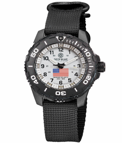 DAYNIGHT 43MM DIVER SOLAR POWERED PC USA TRITIUM WATCH- BLACK/WHITE BEZEL - WHITE DIAL USA FLAG 3 COLOR TRITIUM TUBES WHITE HANDS &ndash; STRAP
