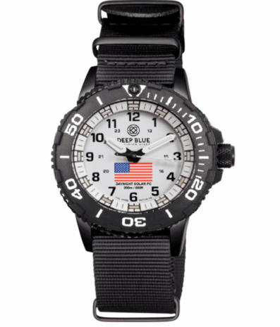 DAYNIGHT 43MM DIVER SOLAR POWERED PC USA TRITIUM WATCH- BLACK/WHITE BEZEL - WHITE DIAL USA FLAG 3 COLOR TRITIUM TUBES WHITE HANDS &ndash; STRAP
