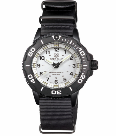 DAYNIGHT 43MM DIVER SOLAR POWERED PC TRITIUM WATCH- BLACK/WHITE BEZEL - WHITE DIAL - WHITE HANDS GREEN/ORANGE TRITIUM TUBES BLACK HANDS &ndash; STRAP