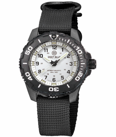 DAYNIGHT 43MM DIVER SOLAR POWERED PC TRITIUM WATCH- BLACK/WHITE BEZEL - WHITE DIAL - WHITE HANDS GREEN/ORANGE TRITIUM TUBES BLACK HANDS &ndash; STRAP