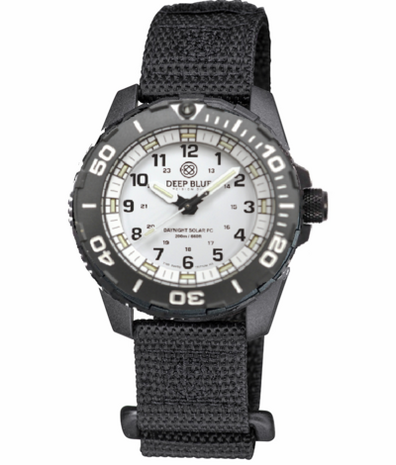 DAYNIGHT 43MM DIVER SOLAR POWERED PC TRITIUM WATCH- BLACK/WHITE BEZEL - WHITE DIAL - WHITE HANDS GREEN/ORANGE TRITIUM TUBES BLACK HANDS &ndash; STRAP