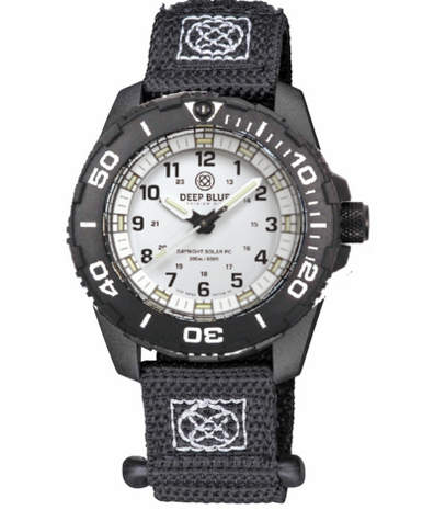 DAYNIGHT 43MM DIVER SOLAR POWERED PC TRITIUM WATCH- BLACK/WHITE BEZEL - WHITE DIAL - WHITE HANDS GREEN/ORANGE TRITIUM TUBES BLACK HANDS &ndash; STRAP