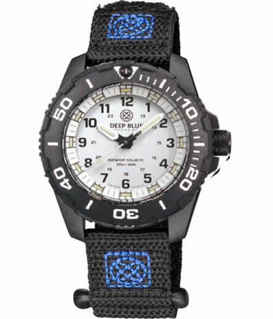 DAYNIGHT 43MM DIVER SOLAR POWERED PC TRITIUM WATCH- BLACK/WHITE BEZEL - WHITE DIAL - WHITE HANDS GREEN/ORANGE TRITIUM TUBES BLACK HANDS &ndash; STRAP