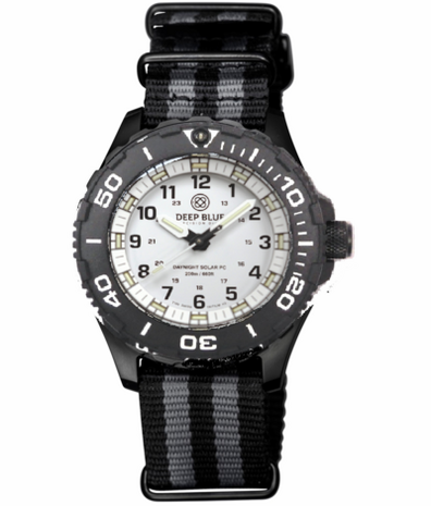 DAYNIGHT 43MM DIVER SOLAR POWERED PC TRITIUM WATCH- BLACK/WHITE BEZEL - WHITE DIAL - WHITE HANDS GREEN/ORANGE TRITIUM TUBES BLACK HANDS &ndash; STRAP