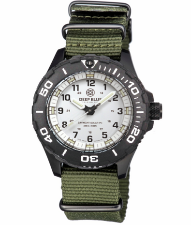 DAYNIGHT 43MM DIVER SOLAR POWERED PC TRITIUM WATCH- BLACK/WHITE BEZEL - WHITE DIAL - WHITE HANDS GREEN/ORANGE TRITIUM TUBES BLACK HANDS &ndash; STRAP