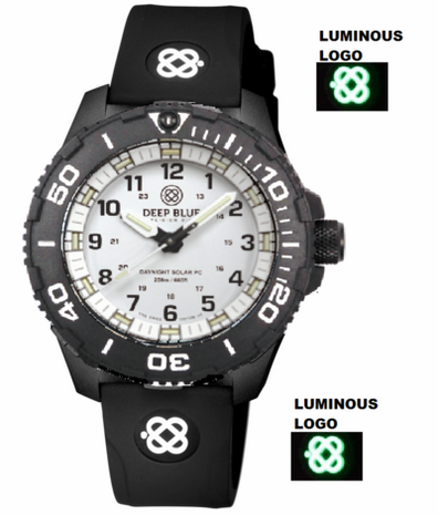 DAYNIGHT 43MM DIVER SOLAR POWERED PC TRITIUM WATCH- BLACK/WHITE BEZEL - WHITE DIAL - WHITE HANDS GREEN/ORANGE TRITIUM TUBES BLACK HANDS &ndash; STRAP