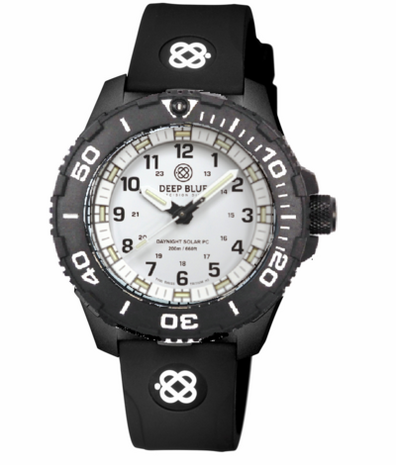 DAYNIGHT 43MM DIVER SOLAR POWERED PC TRITIUM WATCH- BLACK/WHITE BEZEL - WHITE DIAL - WHITE HANDS GREEN/ORANGE TRITIUM TUBES BLACK HANDS &ndash; STRAP