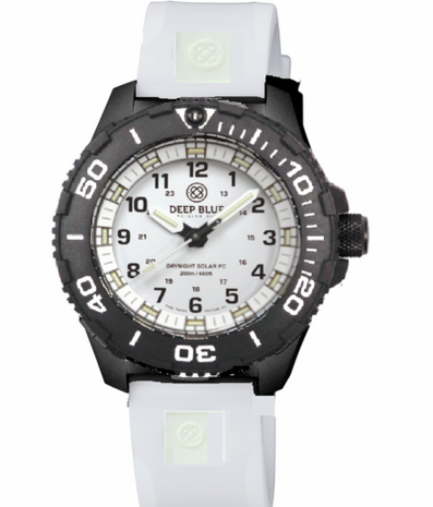 DAYNIGHT 43MM DIVER SOLAR POWERED PC TRITIUM WATCH- BLACK/WHITE BEZEL - WHITE DIAL - WHITE HANDS GREEN/ORANGE TRITIUM TUBES BLACK HANDS &ndash; STRAP