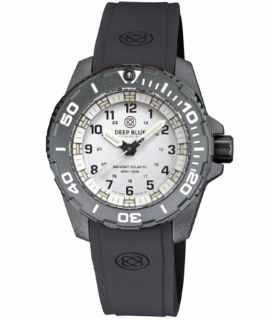 DAYNIGHT 43MM DIVER SOLAR POWERED PC TRITIUM WATCH- BLACK/WHITE BEZEL - WHITE DIAL - WHITE HANDS GREEN/ORANGE TRITIUM TUBES BLACK HANDS &ndash; STRAP