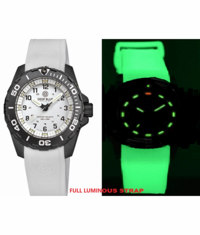 DAYNIGHT 43MM DIVER SOLAR POWERED PC TRITIUM WATCH- BLACK/WHITE BEZEL - WHITE DIAL - WHITE HANDS GREEN/ORANGE TRITIUM TUBES BLACK HANDS &ndash; STRAP