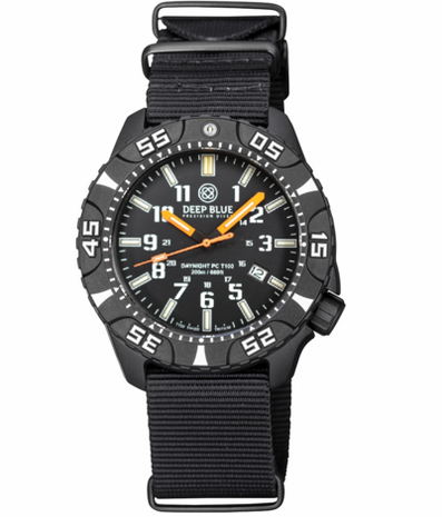 DAYNIGHT DIVER PC TRITIUM AUTOMATIC WATCH BLACK WHITE BEZEL - BLACK DIAL ORANGE HANDS GREEN/ORANGE TUBES STRAP
