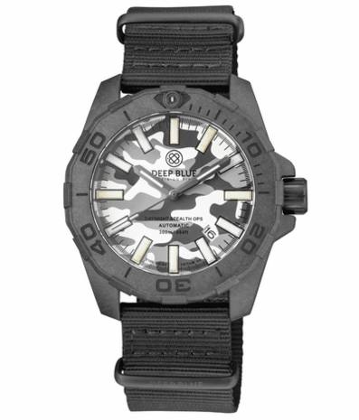 DAYNIGHT STEALTH OPS CARBON CASE WHITE GREY CAMO DIAL BLUE /YELLOW FLAT TRITIUM TUBES AUTOMATIC WATCH SCREW DOWN CROWN