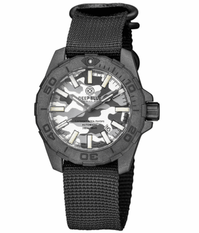 DAYNIGHT STEALTH OPS CARBON CASE WHITE GREY CAMO DIAL BLUE /YELLOW FLAT TRITIUM TUBES AUTOMATIC WATCH SCREW DOWN CROWN