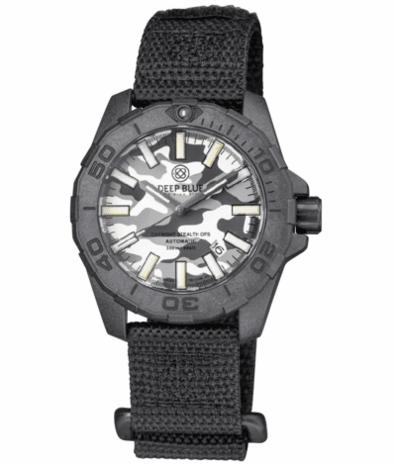 DAYNIGHT STEALTH OPS CARBON CASE WHITE GREY CAMO DIAL BLUE /YELLOW FLAT TRITIUM TUBES AUTOMATIC WATCH SCREW DOWN CROWN