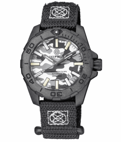 DAYNIGHT STEALTH OPS CARBON CASE WHITE GREY CAMO DIAL BLUE /YELLOW FLAT TRITIUM TUBES AUTOMATIC WATCH SCREW DOWN CROWN