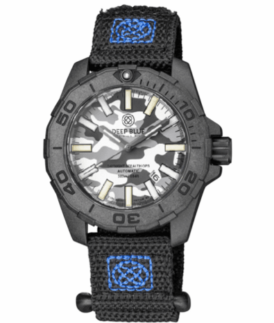 DAYNIGHT STEALTH OPS CARBON CASE WHITE GREY CAMO DIAL BLUE /YELLOW FLAT TRITIUM TUBES AUTOMATIC WATCH SCREW DOWN CROWN