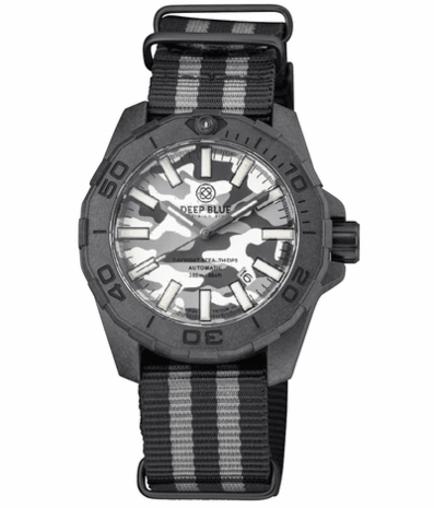 DAYNIGHT STEALTH OPS CARBON CASE WHITE GREY CAMO DIAL BLUE /YELLOW FLAT TRITIUM TUBES AUTOMATIC WATCH SCREW DOWN CROWN