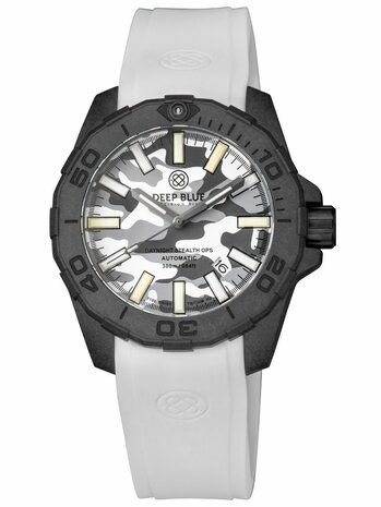 DAYNIGHT STEALTH OPS CARBON CASE WHITE GREY CAMO DIAL BLUE /YELLOW FLAT TRITIUM TUBES AUTOMATIC WATCH SCREW DOWN CROWN