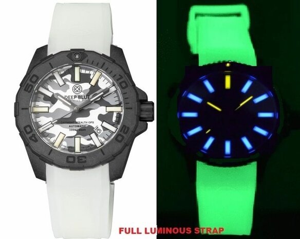 DAYNIGHT STEALTH OPS CARBON CASE WHITE GREY CAMO DIAL BLUE /YELLOW FLAT TRITIUM TUBES AUTOMATIC WATCH SCREW DOWN CROWN