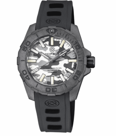 DAYNIGHT STEALTH OPS CARBON CASE WHITE GREY CAMO DIAL BLUE /YELLOW FLAT TRITIUM TUBES AUTOMATIC WATCH SCREW DOWN CROWN