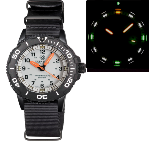 DAYNIGHT 43MM DIVER SOLAR POWERED PC TRITIUM WATCH- BLACK/WHITE BEZEL - WHITE DIAL ORANGE HANDS 3 COLOR WHITE GREEN ORANGE TRITIUM TUBES &ndash; STRAP