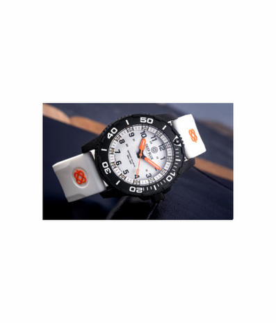 DAYNIGHT 43MM DIVER SOLAR POWERED PC TRITIUM WATCH- BLACK/WHITE BEZEL - WHITE DIAL ORANGE HANDS 3 COLOR WHITE GREEN ORANGE TRITIUM TUBES &ndash; STRAP