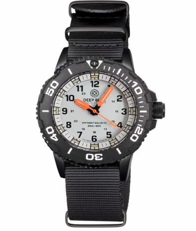 DAYNIGHT 43MM DIVER SOLAR POWERED PC TRITIUM WATCH- BLACK/WHITE BEZEL - WHITE DIAL ORANGE HANDS 3 COLOR WHITE GREEN ORANGE TRITIUM TUBES &ndash; STRAP