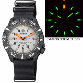 DAYNIGHT DIVER PC TRITIUM AUTOMATIC WATCH BLACK WHITE BEZEL - WHITE DIAL ORANGE HANDS GREEN/ORANGE TUBES STRAP