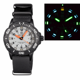 DAYNIGHT 43MM DIVER SOLAR POWERED PC TRITIUM WATCH- BLACK/WHITE BEZEL - WHITE DIAL ORANGE HANDS 3 COLOR BLUE GREEN ORANGE TRITIUM TUBES &ndash; STRAP