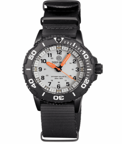 DAYNIGHT 43MM DIVER SOLAR POWERED PC TRITIUM WATCH- BLACK/WHITE BEZEL - WHITE DIAL ORANGE HANDS 3 COLOR BLUE GREEN ORANGE TRITIUM TUBES &ndash; STRAP
