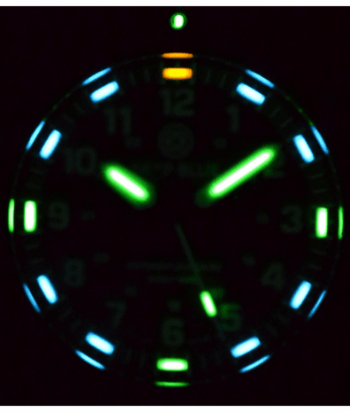 DAYNIGHT 43MM DIVER SOLAR POWERED PC TRITIUM WATCH- BLACK/WHITE BEZEL - WHITE DIAL ORANGE HANDS 3 COLOR BLUE GREEN ORANGE TRITIUM TUBES &ndash; STRAP