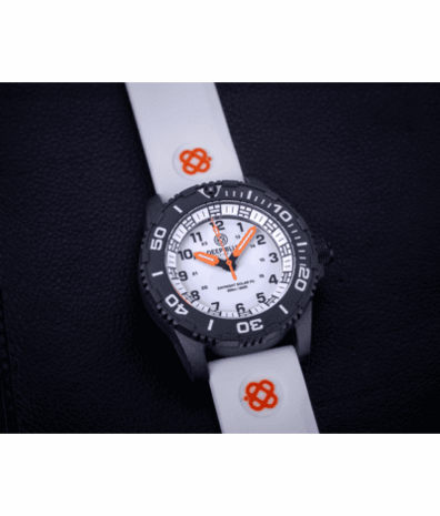 DAYNIGHT 43MM DIVER SOLAR POWERED PC TRITIUM WATCH- BLACK/WHITE BEZEL - WHITE DIAL ORANGE HANDS 3 COLOR BLUE GREEN ORANGE TRITIUM TUBES &ndash; STRAP