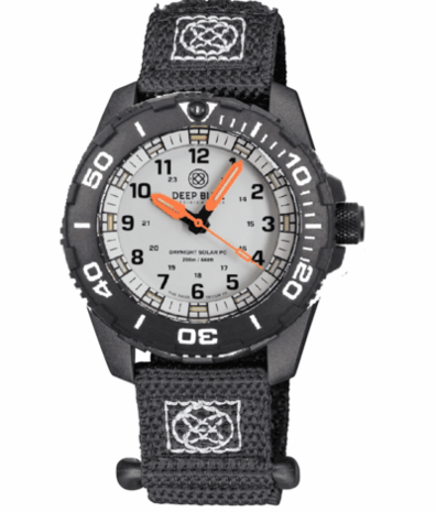 DAYNIGHT 43MM DIVER SOLAR POWERED PC TRITIUM WATCH- BLACK/WHITE BEZEL - WHITE DIAL ORANGE HANDS 3 COLOR BLUE GREEN ORANGE TRITIUM TUBES &ndash; STRAP
