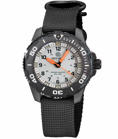 DAYNIGHT 43MM DIVER SOLAR POWERED PC TRITIUM WATCH- BLACK/WHITE BEZEL - WHITE DIAL ORANGE HANDS 3 COLOR BLUE GREEN ORANGE TRITIUM TUBES &ndash; STRAP