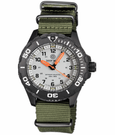 DAYNIGHT 43MM DIVER SOLAR POWERED PC TRITIUM WATCH- BLACK/WHITE BEZEL - WHITE DIAL ORANGE HANDS 3 COLOR BLUE GREEN ORANGE TRITIUM TUBES &ndash; STRAP