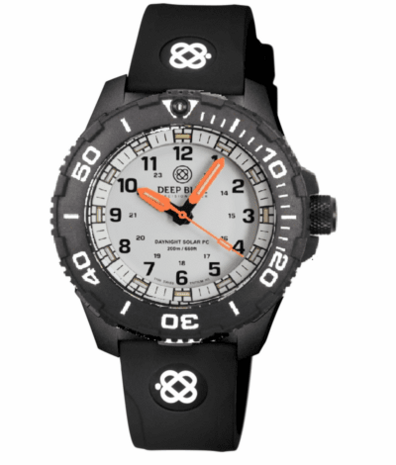 DAYNIGHT 43MM DIVER SOLAR POWERED PC TRITIUM WATCH- BLACK/WHITE BEZEL - WHITE DIAL ORANGE HANDS 3 COLOR BLUE GREEN ORANGE TRITIUM TUBES &ndash; STRAP