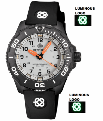 DAYNIGHT 43MM DIVER SOLAR POWERED PC TRITIUM WATCH- BLACK/WHITE BEZEL - WHITE DIAL ORANGE HANDS 3 COLOR BLUE GREEN ORANGE TRITIUM TUBES &ndash; STRAP