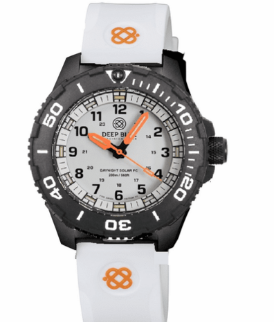 DAYNIGHT 43MM DIVER SOLAR POWERED PC TRITIUM WATCH- BLACK/WHITE BEZEL - WHITE DIAL ORANGE HANDS 3 COLOR BLUE GREEN ORANGE TRITIUM TUBES &ndash; STRAP