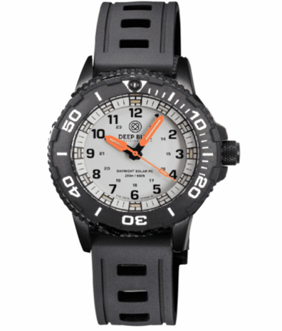 DAYNIGHT 43MM DIVER SOLAR POWERED PC TRITIUM WATCH- BLACK/WHITE BEZEL - WHITE DIAL ORANGE HANDS 3 COLOR BLUE GREEN ORANGE TRITIUM TUBES &ndash; STRAP