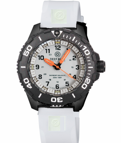 DAYNIGHT 43MM DIVER SOLAR POWERED PC TRITIUM WATCH- BLACK/WHITE BEZEL - WHITE DIAL ORANGE HANDS 3 COLOR BLUE GREEN ORANGE TRITIUM TUBES &ndash; STRAP
