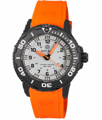 DAYNIGHT 43MM DIVER SOLAR POWERED PC TRITIUM WATCH- BLACK/WHITE BEZEL - WHITE DIAL ORANGE HANDS 3 COLOR BLUE GREEN ORANGE TRITIUM TUBES &ndash; STRAP