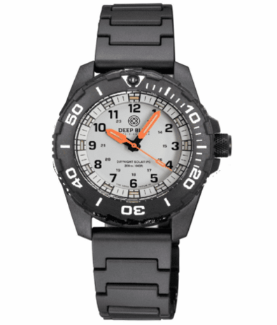 DAYNIGHT 43MM DIVER SOLAR POWERED PC TRITIUM WATCH- BLACK/WHITE BEZEL - WHITE DIAL ORANGE HANDS 3 COLOR BLUE GREEN ORANGE TRITIUM TUBES &ndash; STRAP