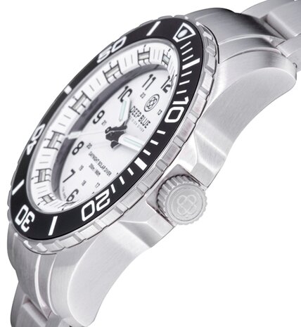 DAYNIGHT 43MM DIVER SOLAR POWERED STAINLESS STEEL CASE TRITIUM WATCH - BLACK/WHITE BEZEL &ndash;WHITE DIAL STRAP