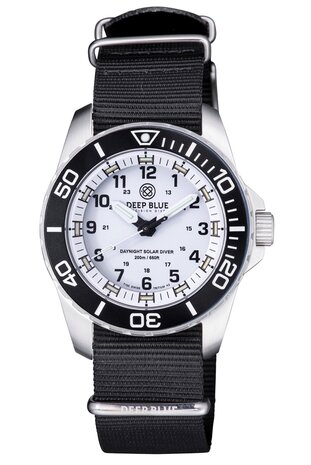 DAYNIGHT 43MM DIVER SOLAR POWERED STAINLESS STEEL CASE TRITIUM WATCH - BLACK/WHITE BEZEL &ndash;WHITE DIAL STRAP