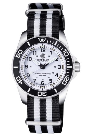 DAYNIGHT 43MM DIVER SOLAR POWERED STAINLESS STEEL CASE TRITIUM WATCH - BLACK/WHITE BEZEL &ndash;WHITE DIAL STRAP